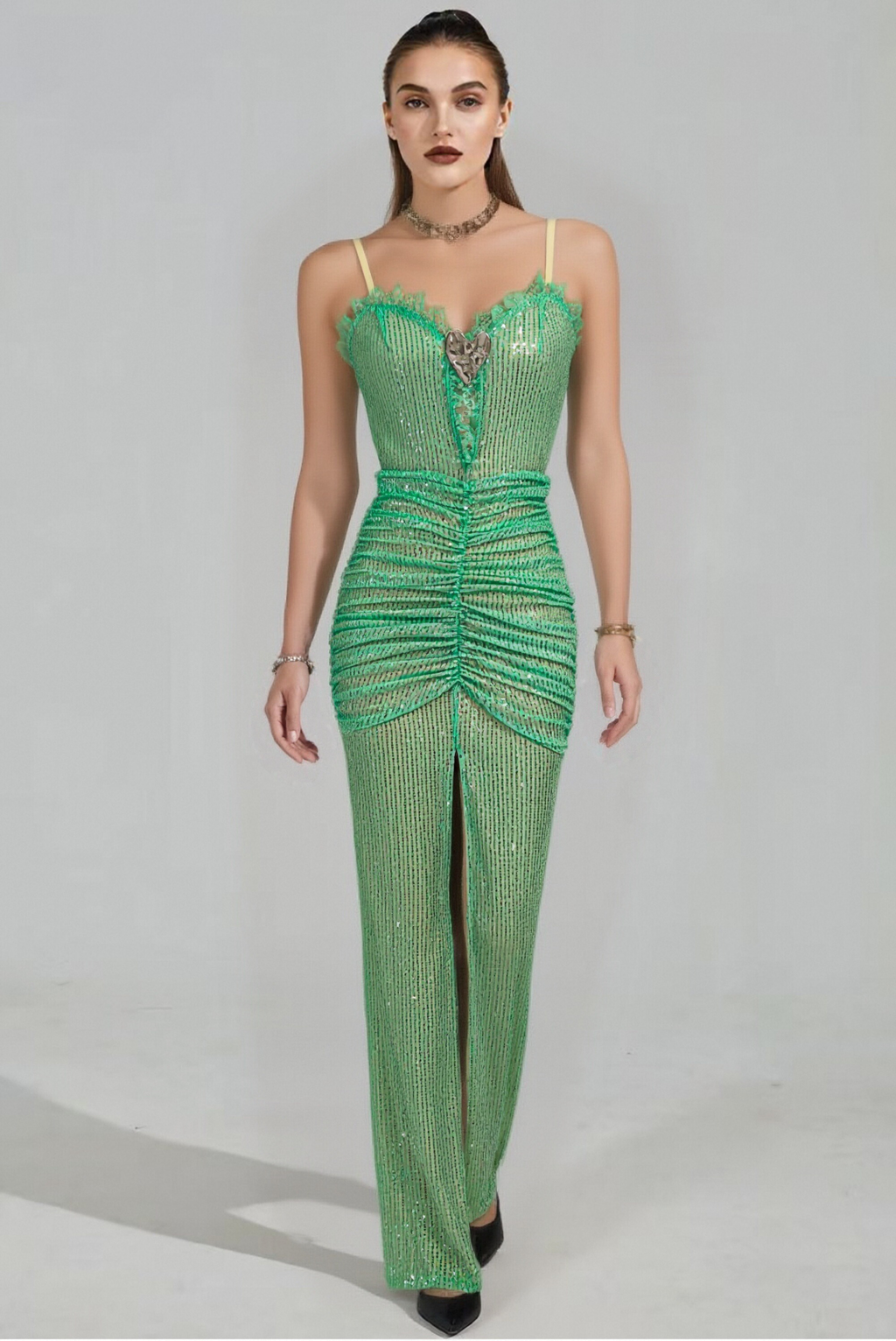 Double-strap sequined halter dress