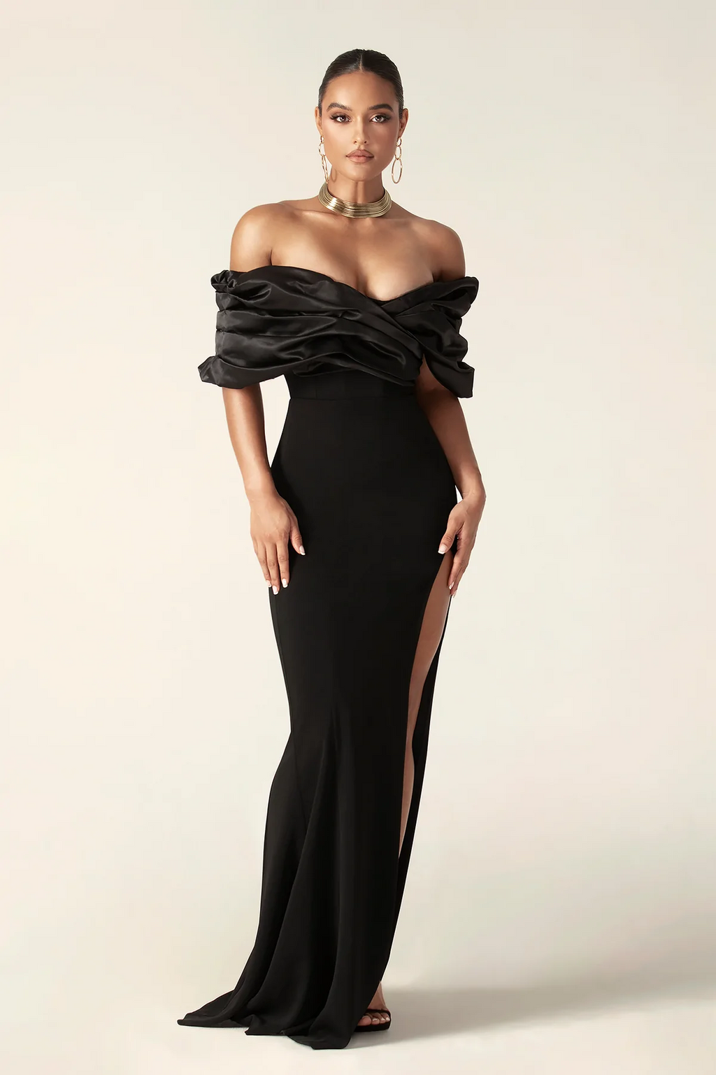 Off-the-shoulder solid color sexy slit strapless pleated dress