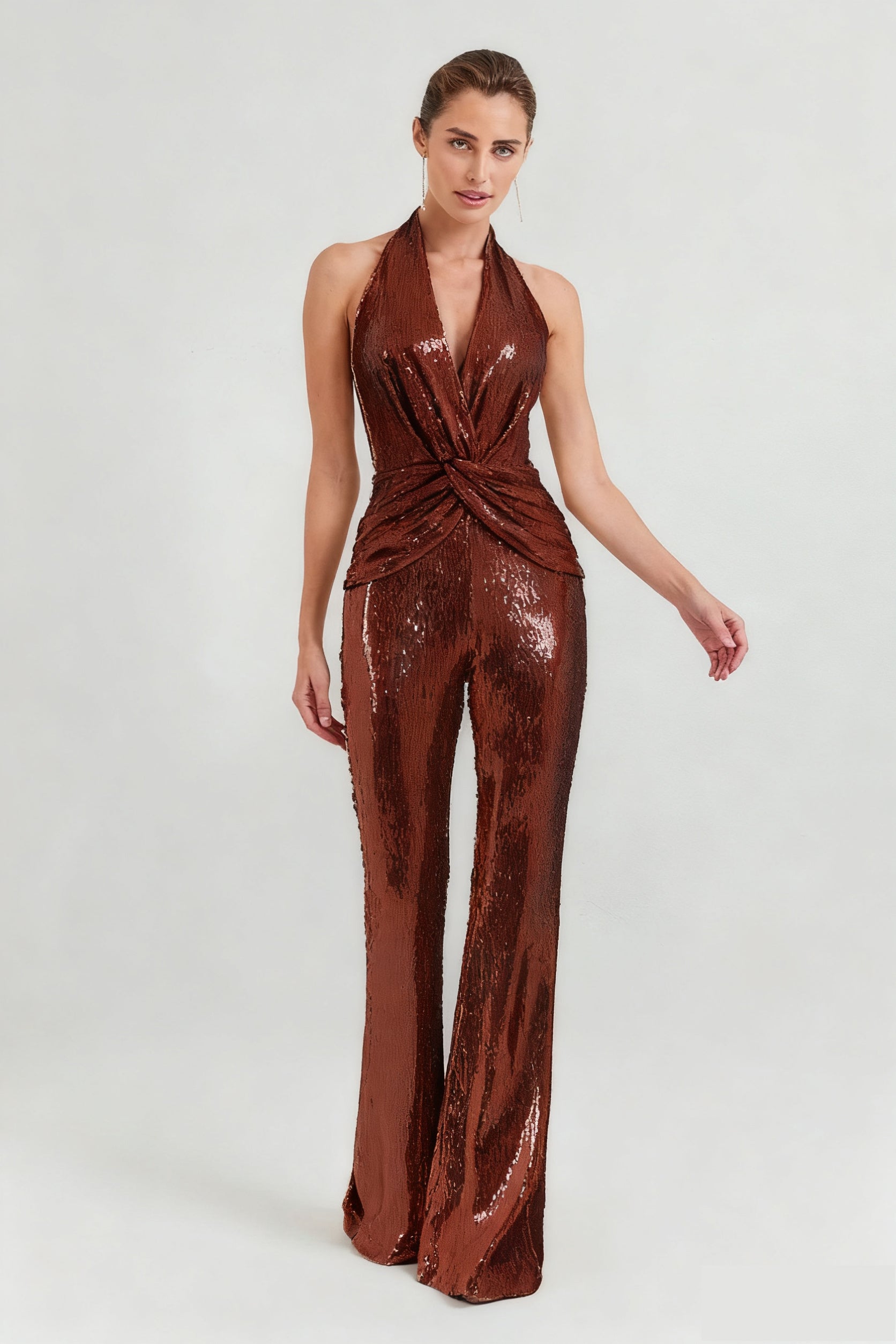 Sequined halterneck sexy deep V high waist flared jumpsuit party outfit