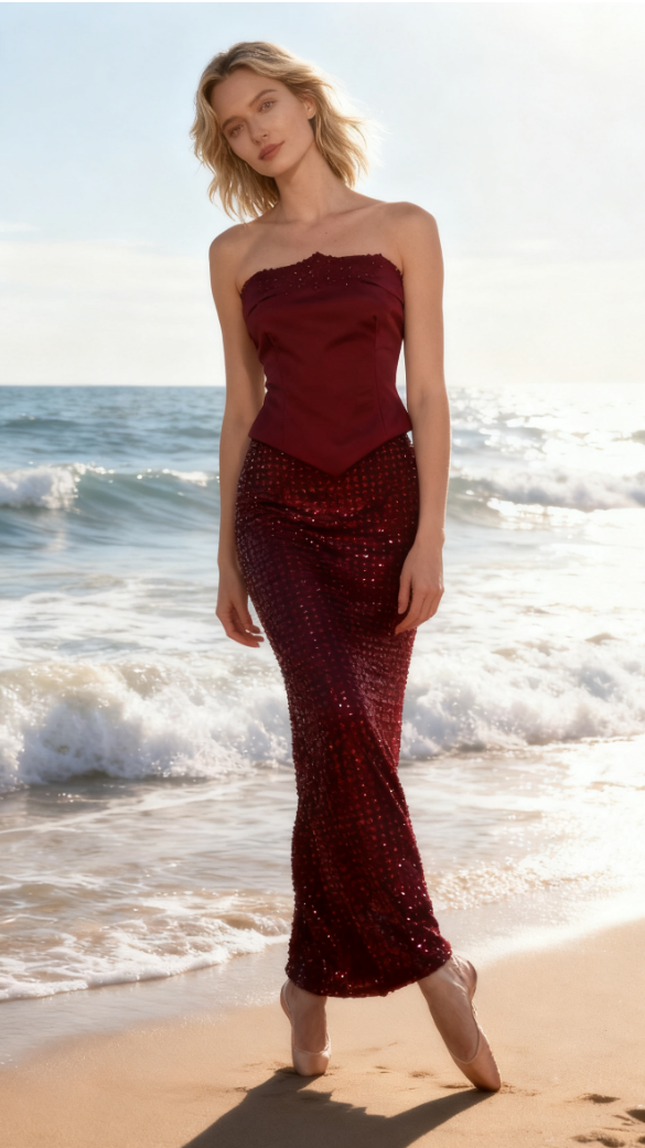 Burgundy sexy slim-fit tube top rhinestone two-piece long hip dress suit