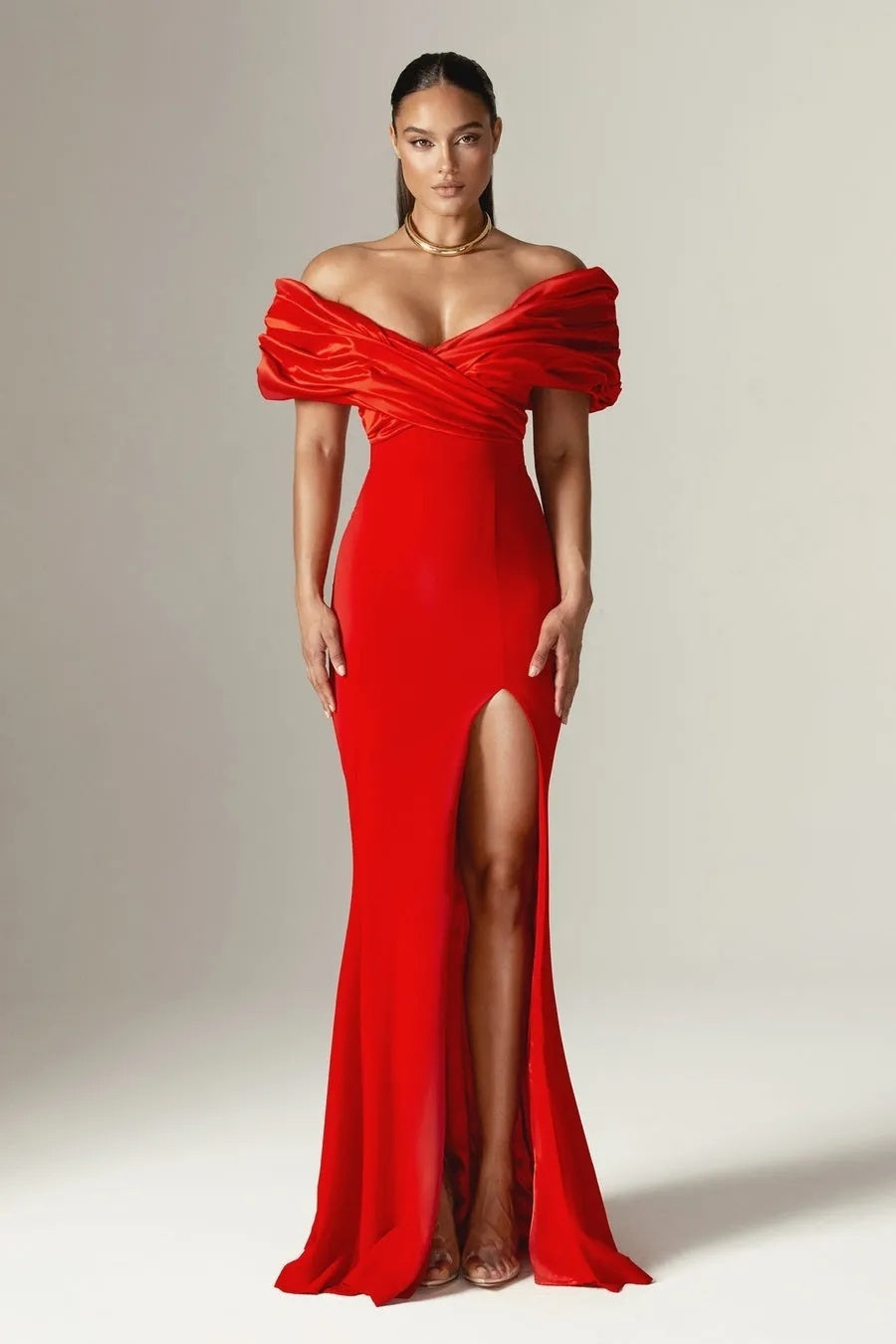 Off-the-shoulder solid color sexy slit strapless pleated dress