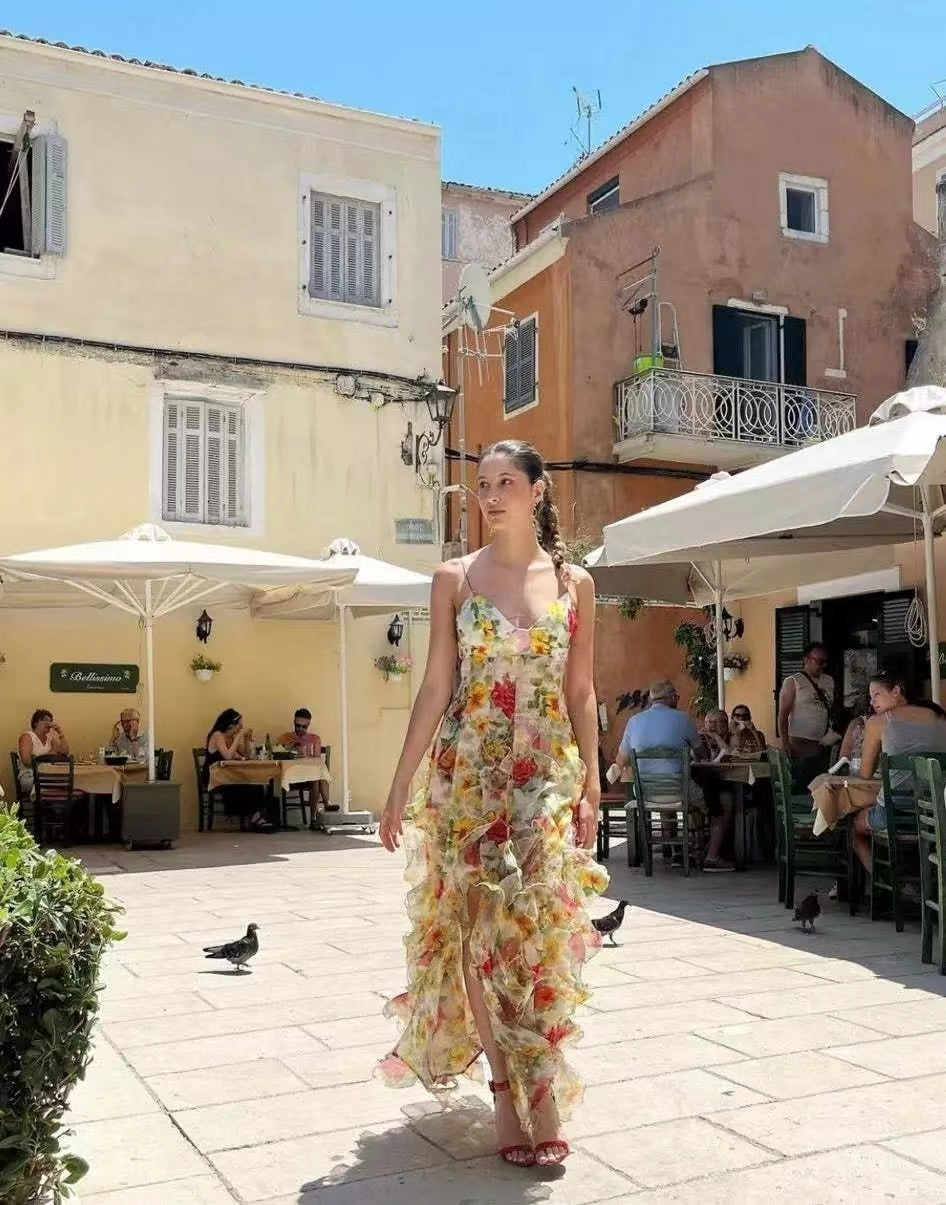 Floral low-cut French summer sundress maxi dress