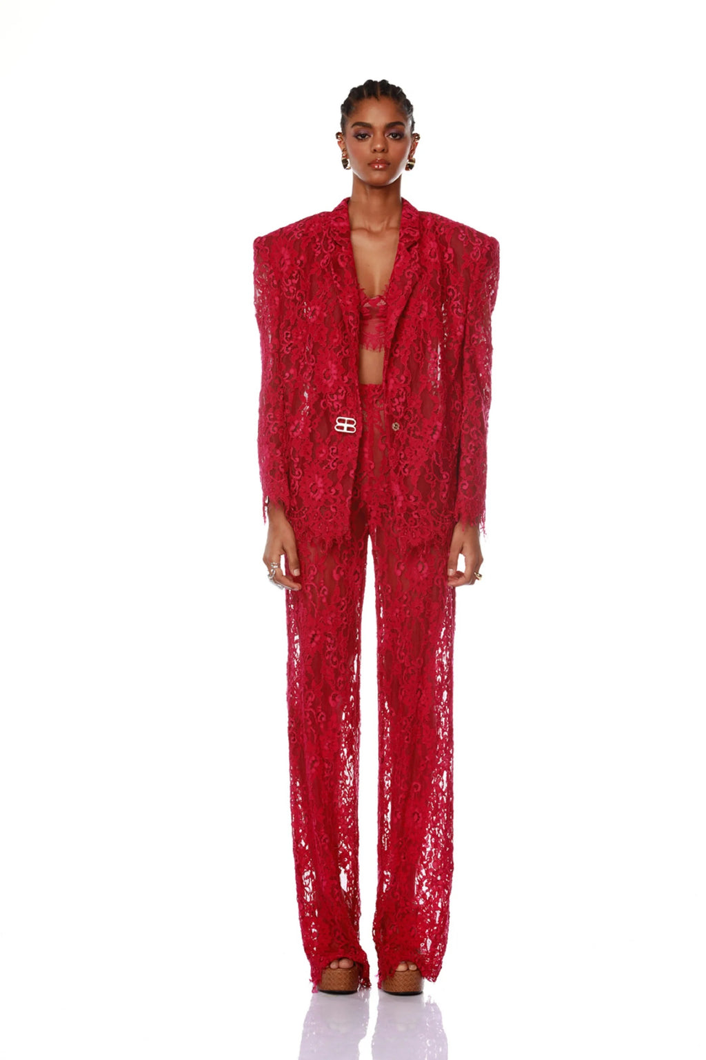 One-button suit, bra, flared trousers, three-piece suit, mesh lace dress