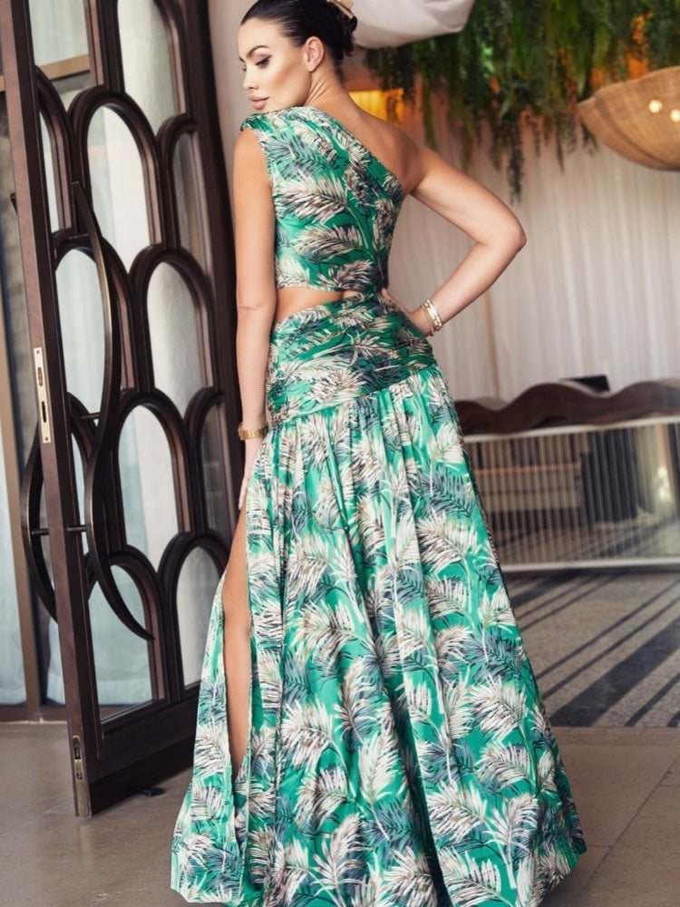 Holiday style one-shoulder two-piece high waist slit maxi dress evening party suit dress