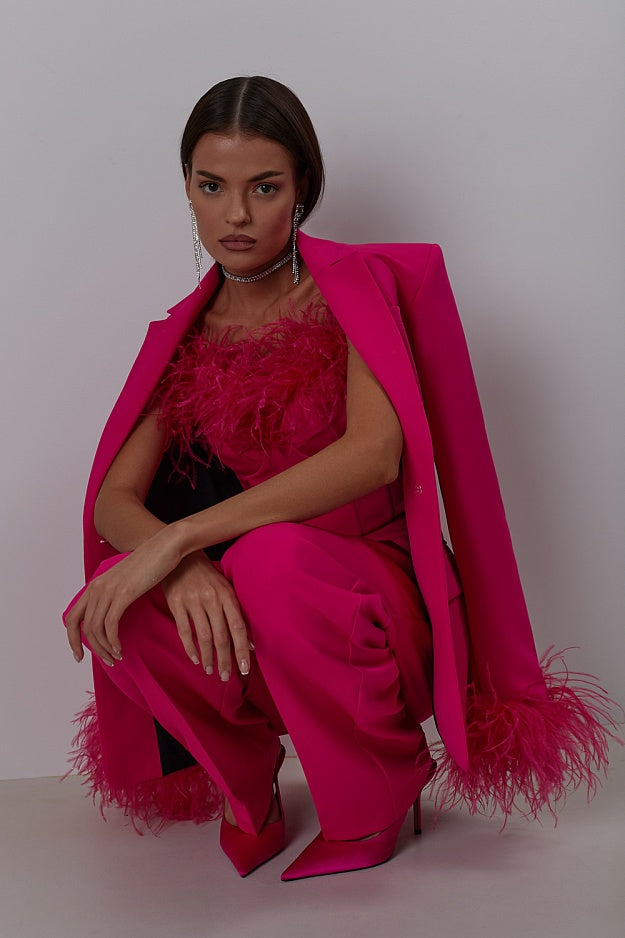 Ostrich feather patchwork suit two-piece suit temperament French casual straight jacket trousers