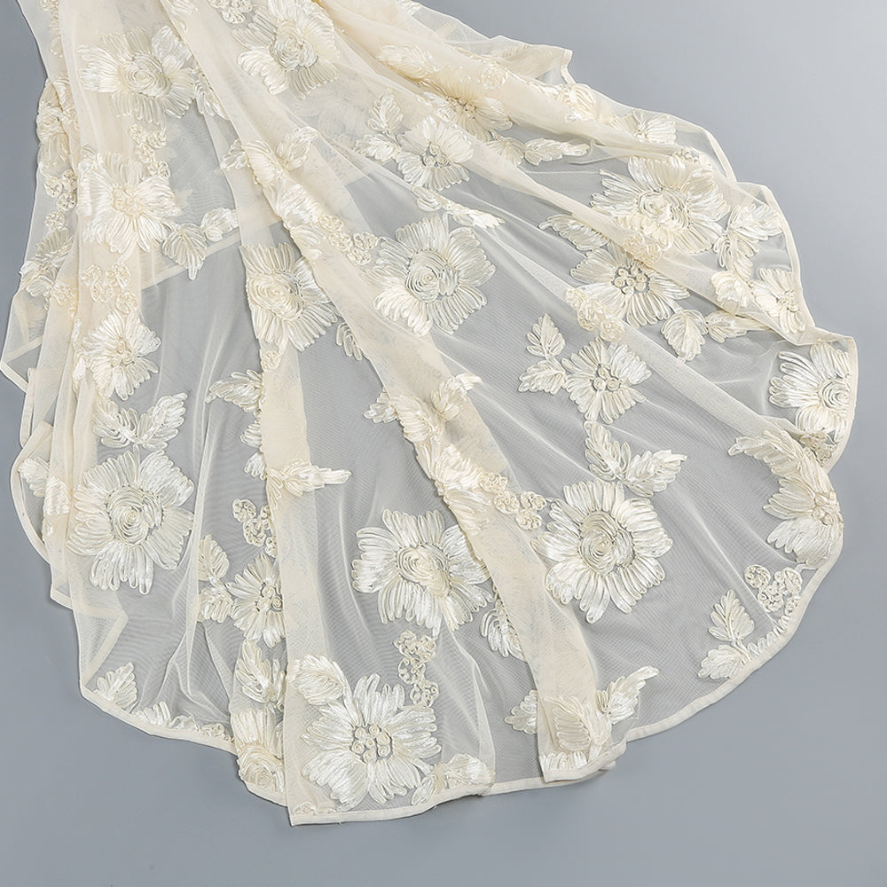 Deliyn Strapless Embroidery Flower Mesh Maxi Dress