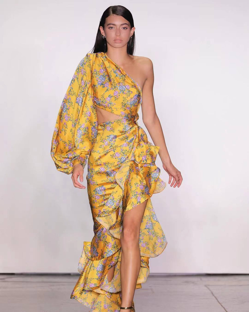 Irregular ruffle floral off-shoulder dress