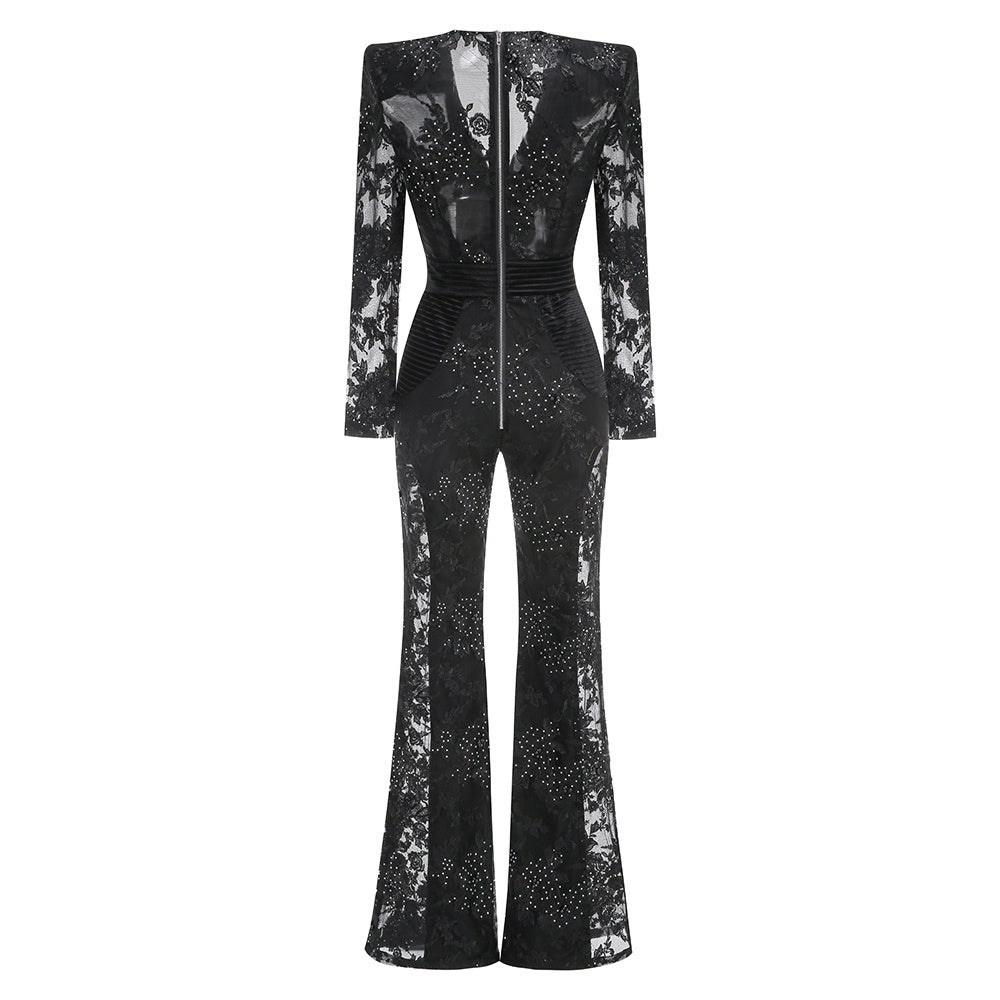 V-neck one-piece lace diamond long-sleeved sexy evening dress