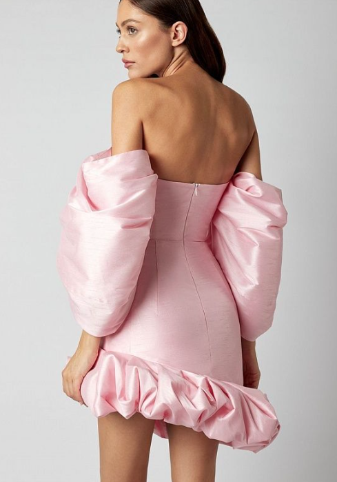 Wrap-around high waist lantern sleeves solid color short dress