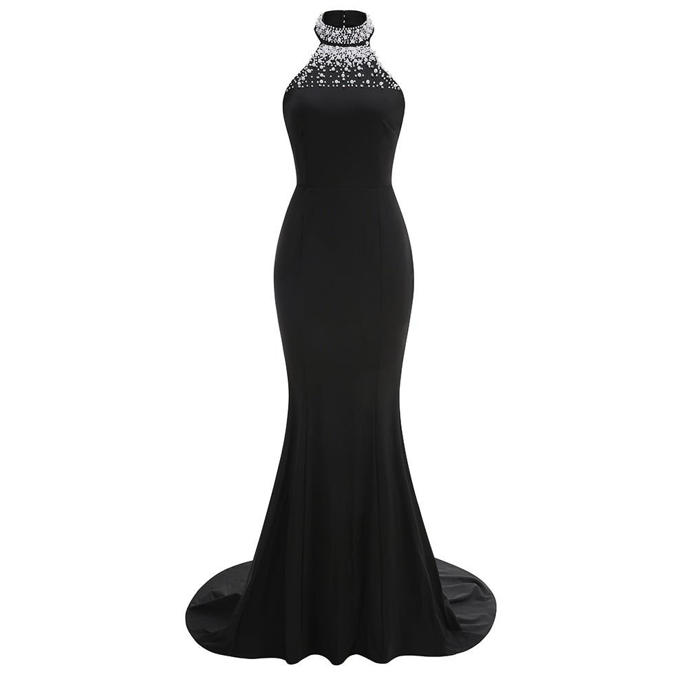 Black high-end dress showing temperament, halter neck, diamond-studded backless fishtail evening dress