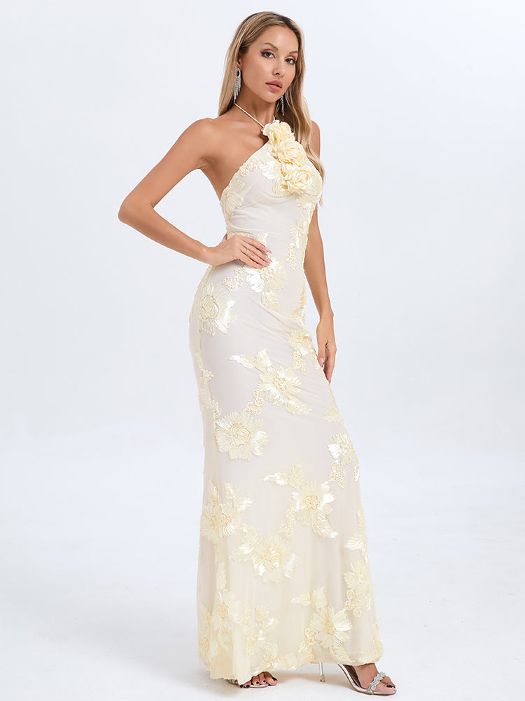 Griselda Flower Halter Embroidery Maxi Dress - White