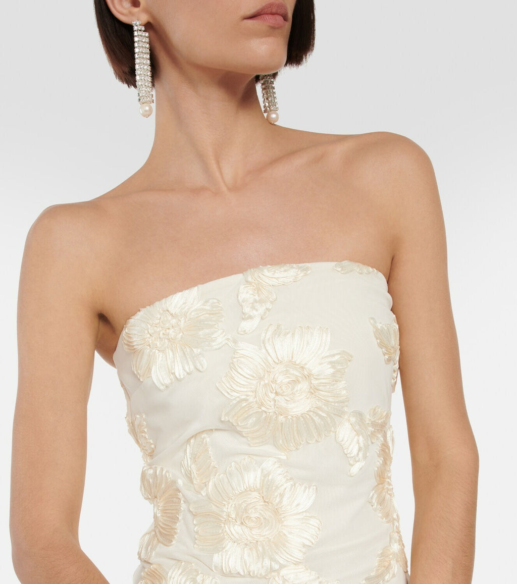 Deliyn Strapless Embroidery Flower Mesh Maxi Dress