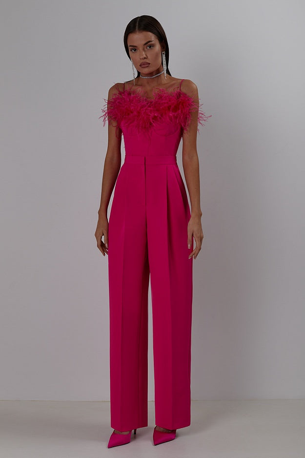 Ostrich feather patchwork suit two-piece suit temperament French casual straight jacket trousers