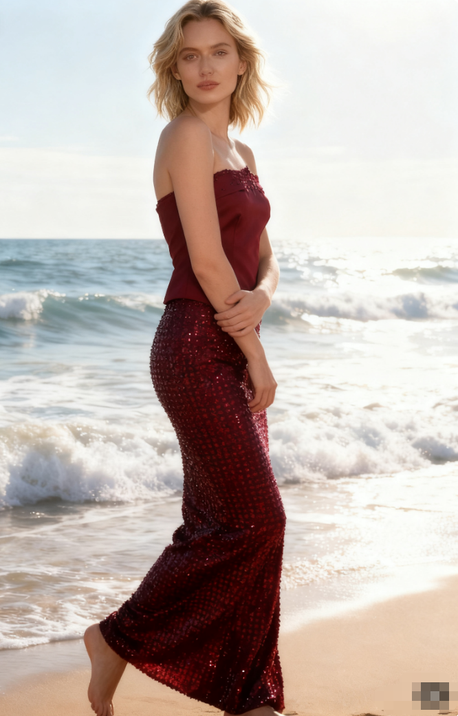 Burgundy sexy slim-fit tube top rhinestone two-piece long hip dress suit