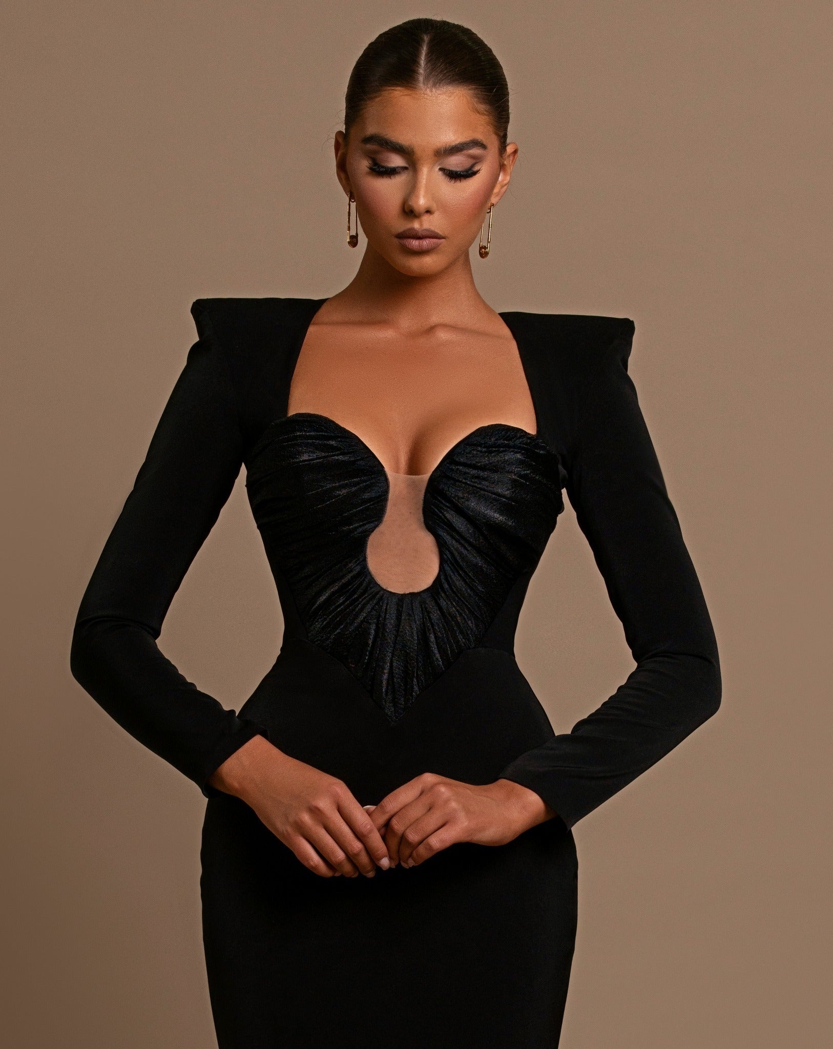 Blace long-sleeved square-neck solid-color evening gown dress