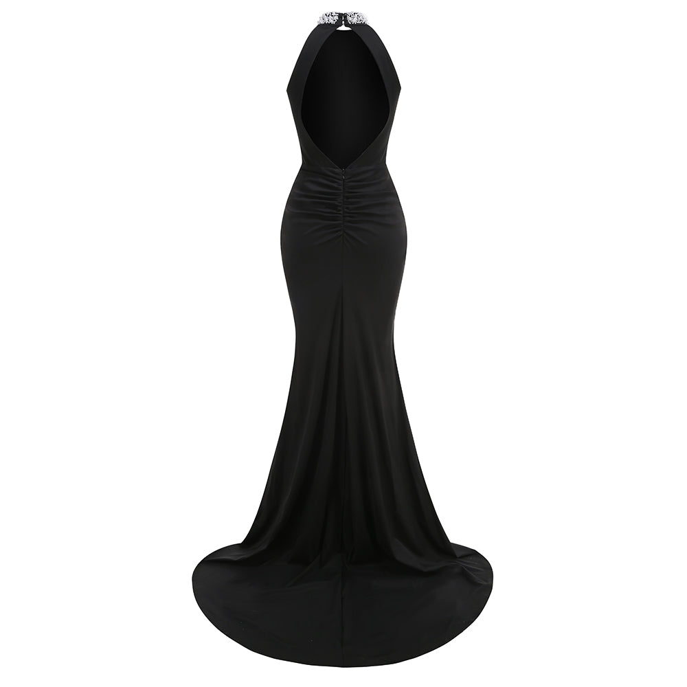 Black high-end dress showing temperament, halter neck, diamond-studded backless fishtail evening dress
