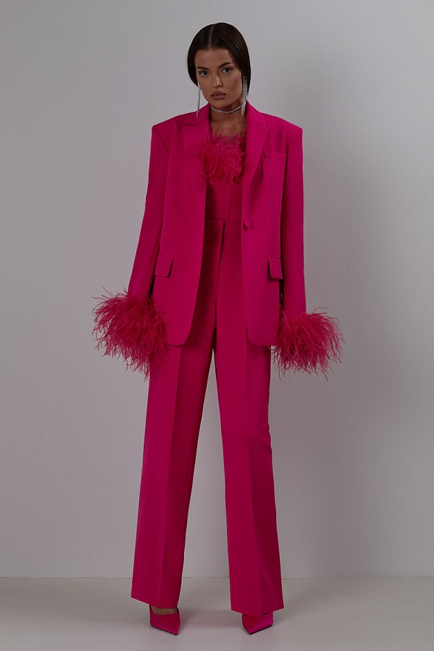 Ostrich feather patchwork suit two-piece suit temperament French casual straight jacket trousers