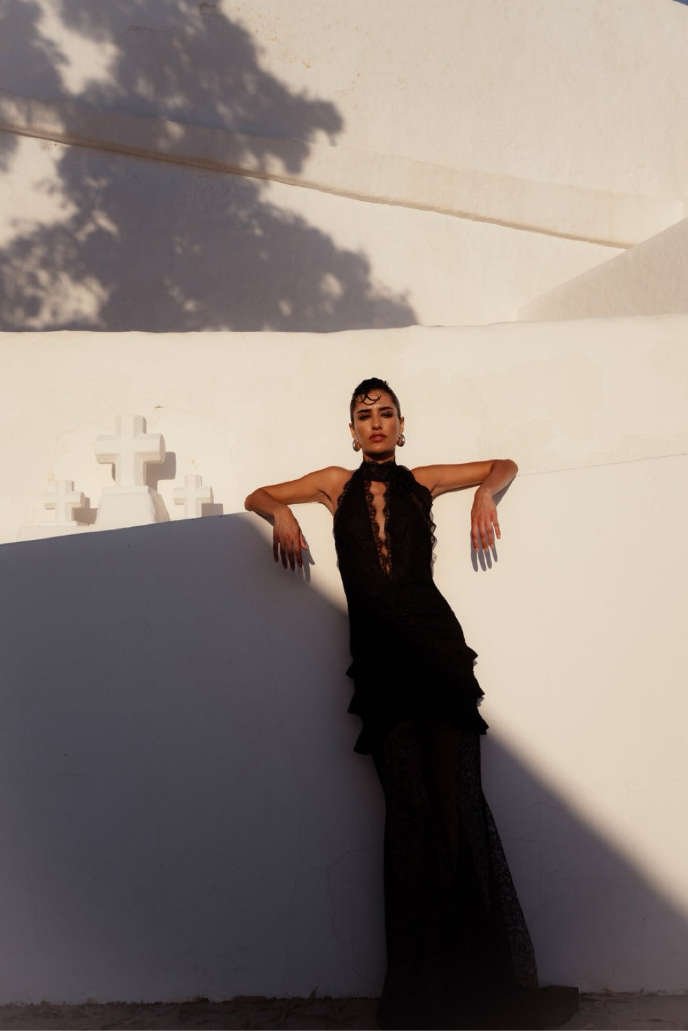 Sexy deep V halter neck lace slim fit evening dress