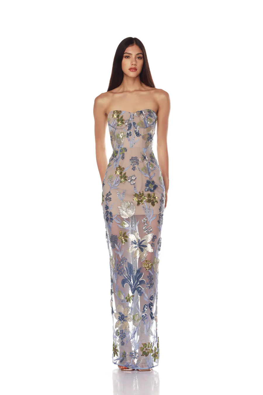 Strapless mesh floral embroidered long evening dress