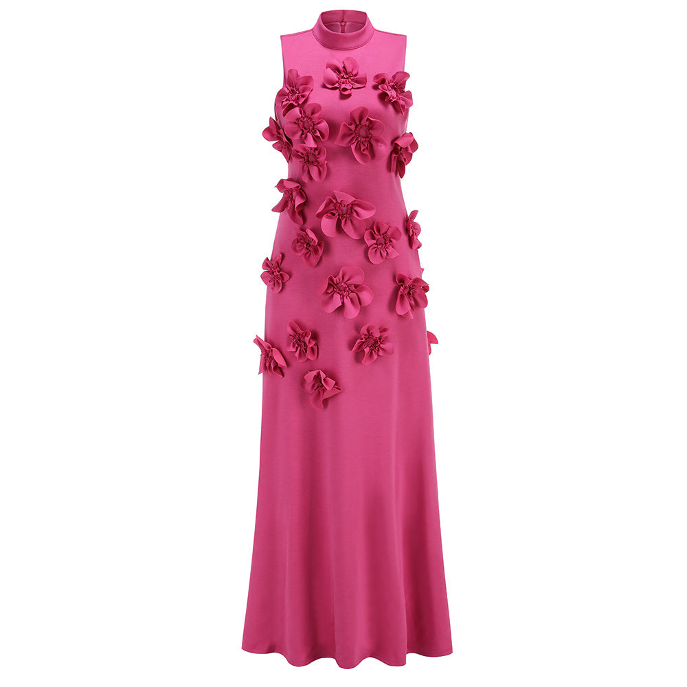 High-neck sleeveless 3D floral ribbon evening dress
