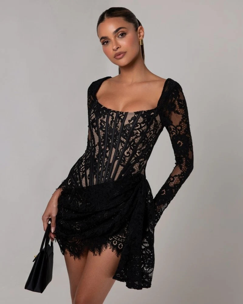 Long-sleeved sexy lace mesh fishbone waist dress