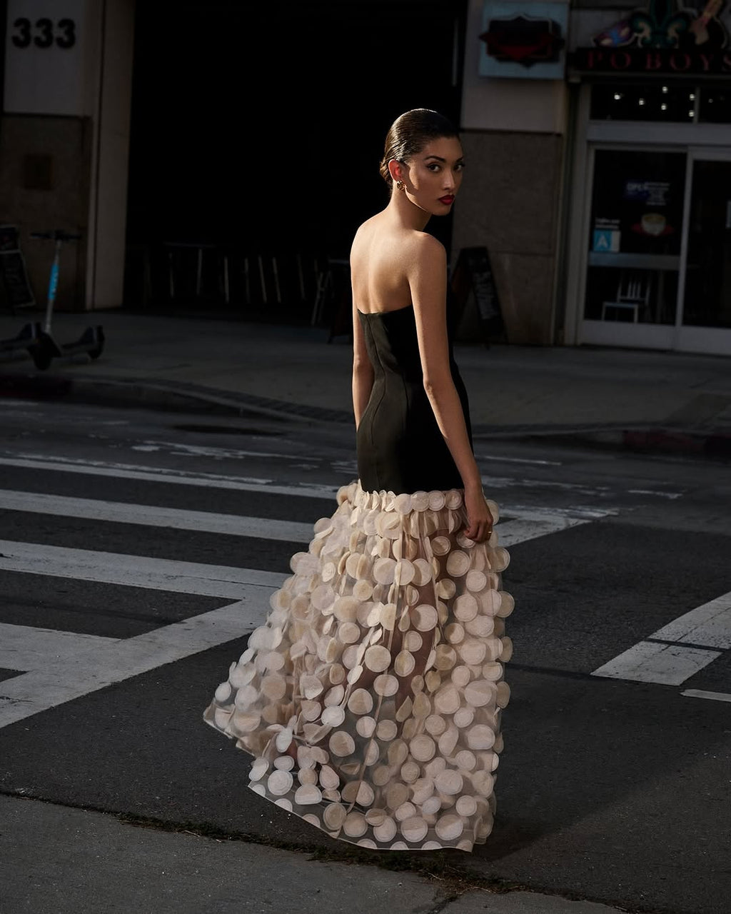 Temperament tube top slim black top spliced with white polka dot mesh long skirt elegant atmosphere banquet dress