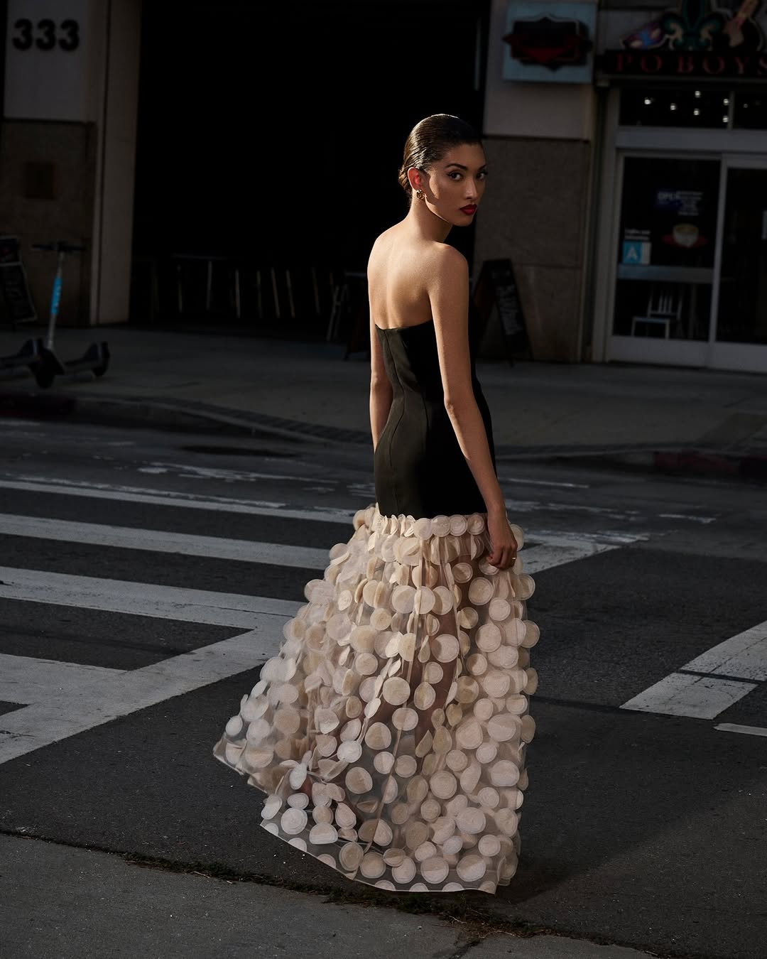 Temperament tube top slim black top spliced with white polka dot mesh long skirt elegant atmosphere banquet dress