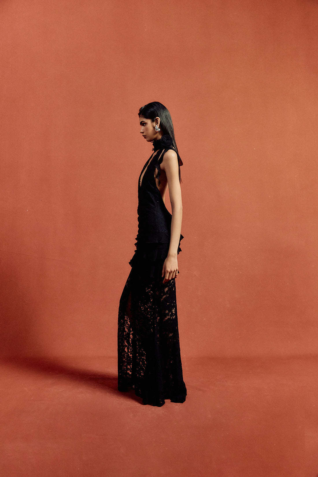 Sexy deep V halter neck lace slim fit evening dress