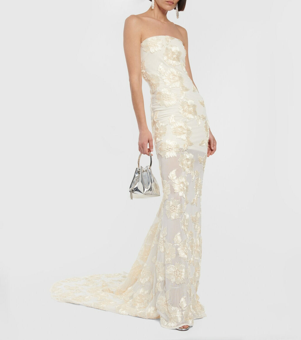 Deliyn Strapless Embroidery Flower Mesh Maxi Dress