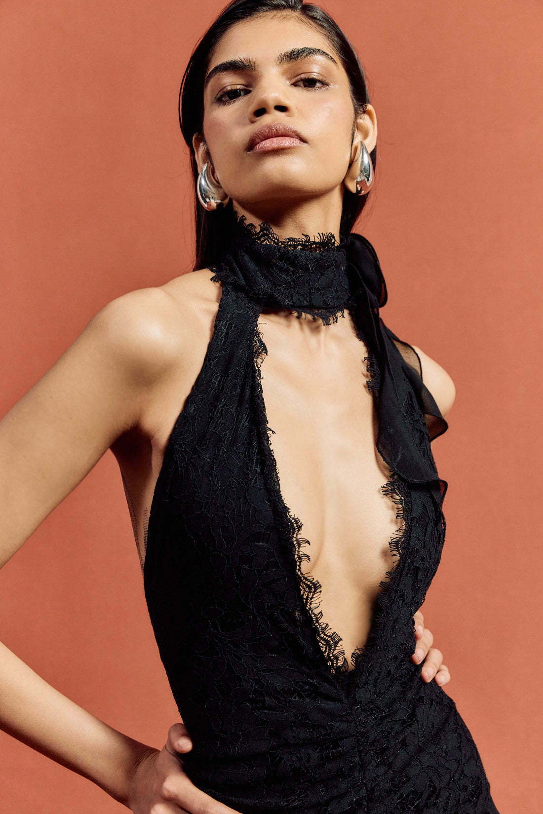 Sexy deep V halter neck lace slim fit evening dress