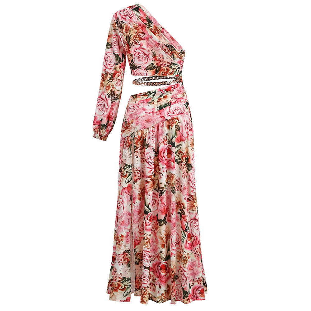 Spring and summer new oblique shoulder exposed waist sexy high fork printed dress