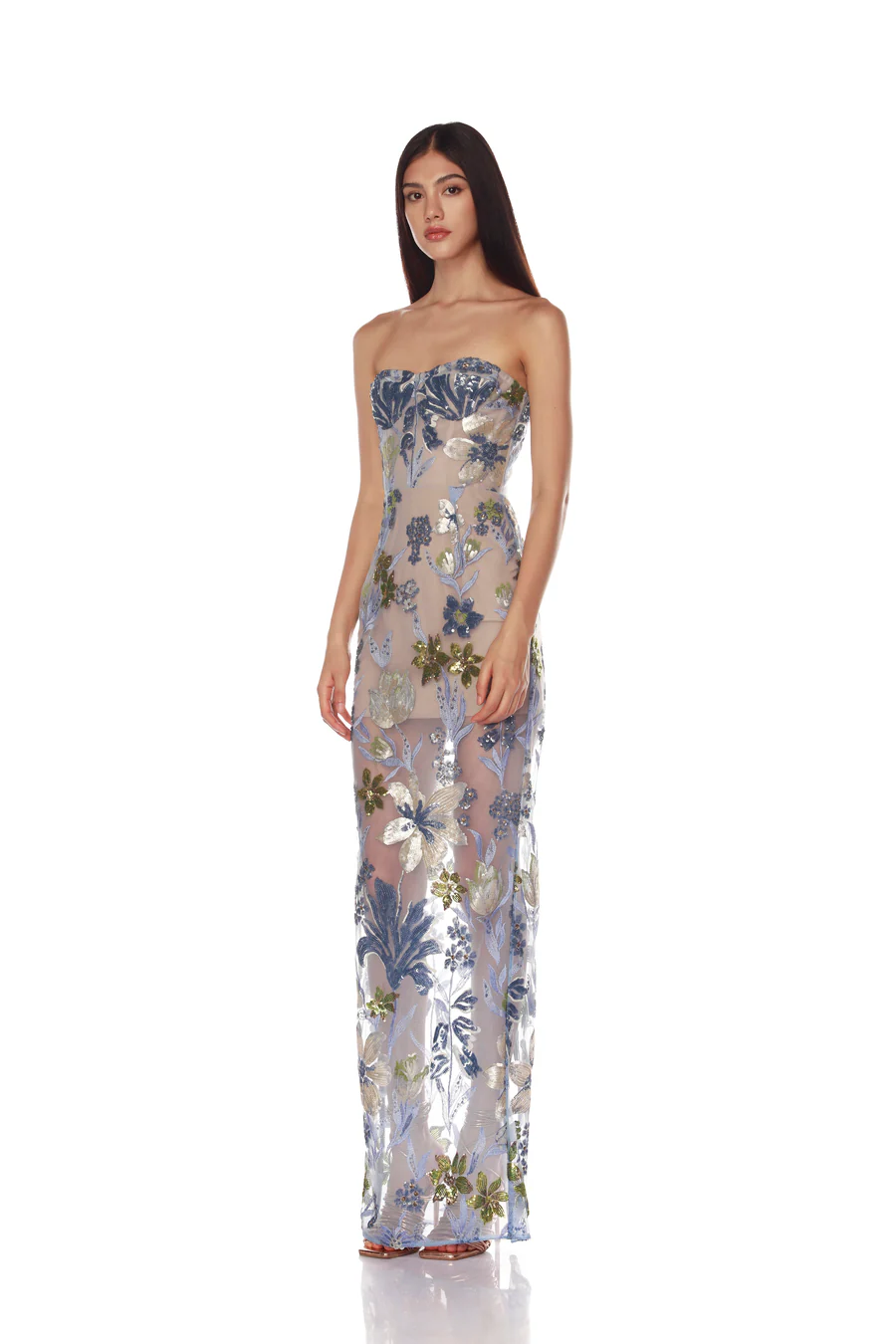 Strapless mesh floral embroidered long evening dress