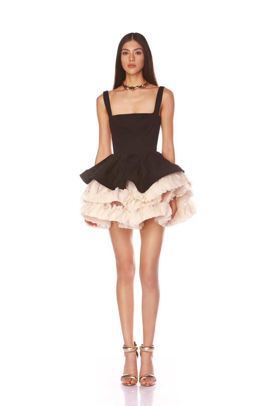Retro black and white contrast square neck tutu party evening dress high-end suspender dress