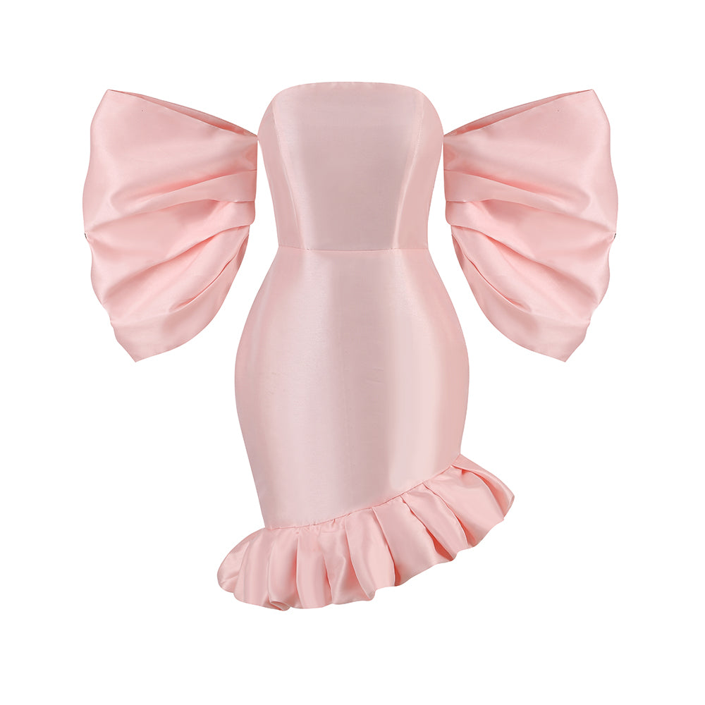 Wrap-around high waist lantern sleeves solid color short dress