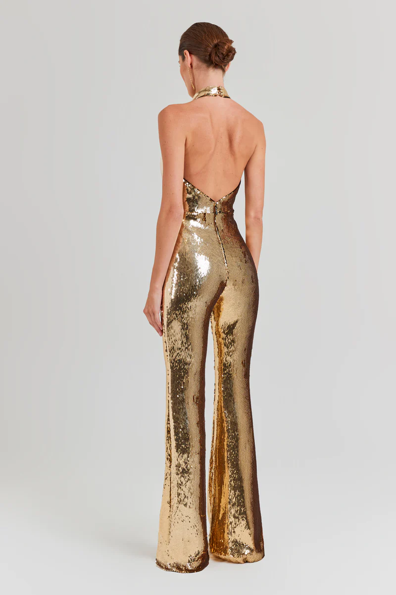 Sequined halterneck sexy deep V high waist flared jumpsuit party outfit