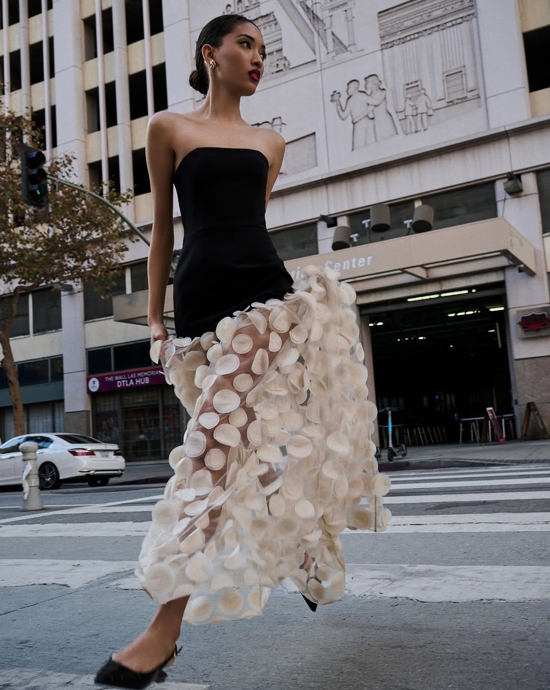 Temperament tube top slim black top spliced with white polka dot mesh long skirt elegant atmosphere banquet dress