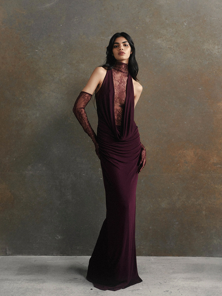 Halter neck deep V lace long sleeve patchwork dress