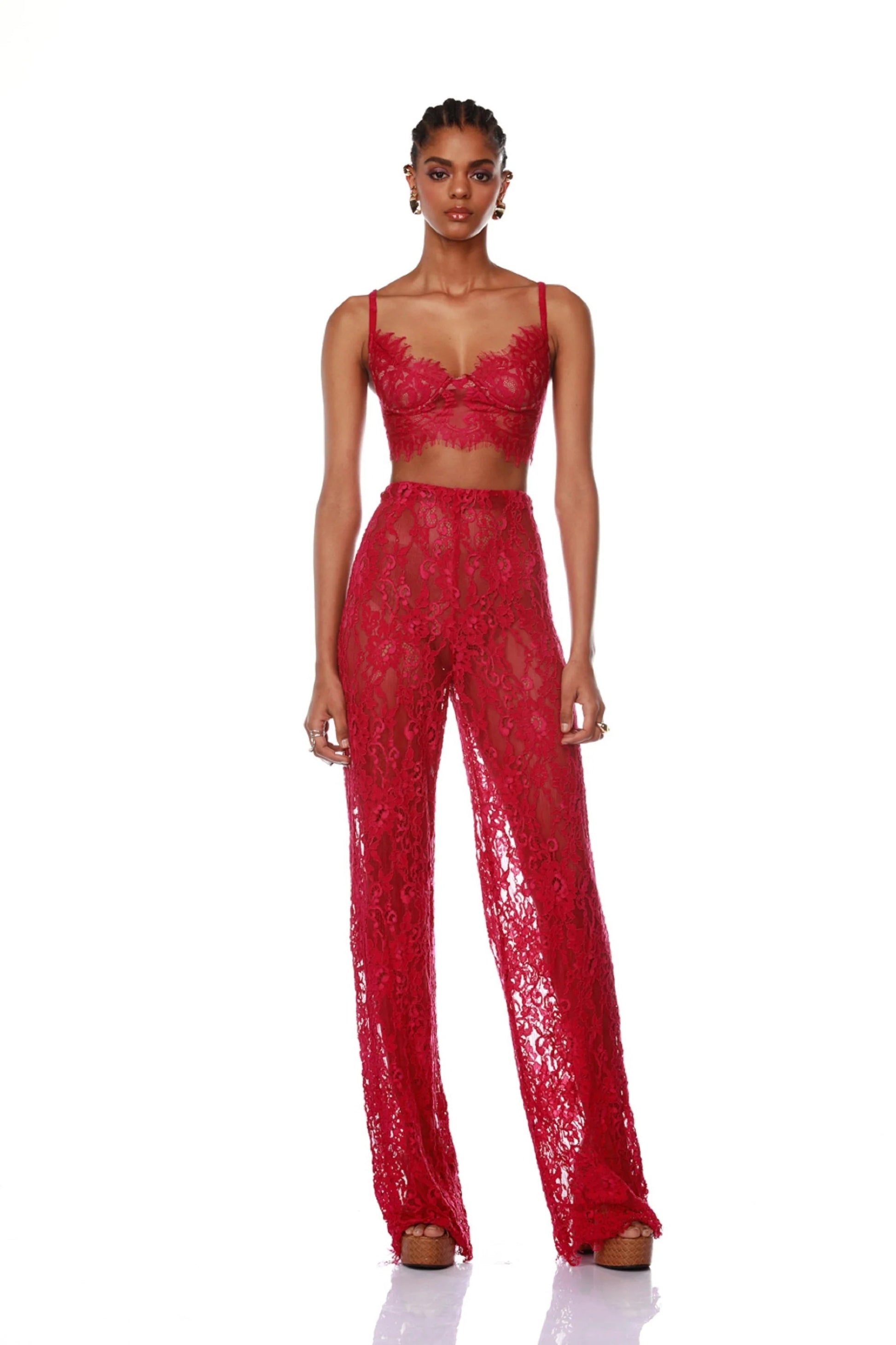 One-button suit, bra, flared trousers, three-piece suit, mesh lace dress