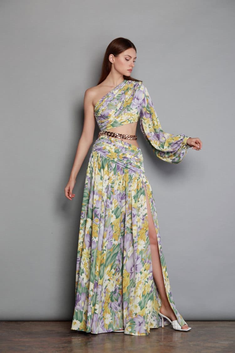 Spring and summer new oblique shoulder exposed waist sexy high fork printed dress