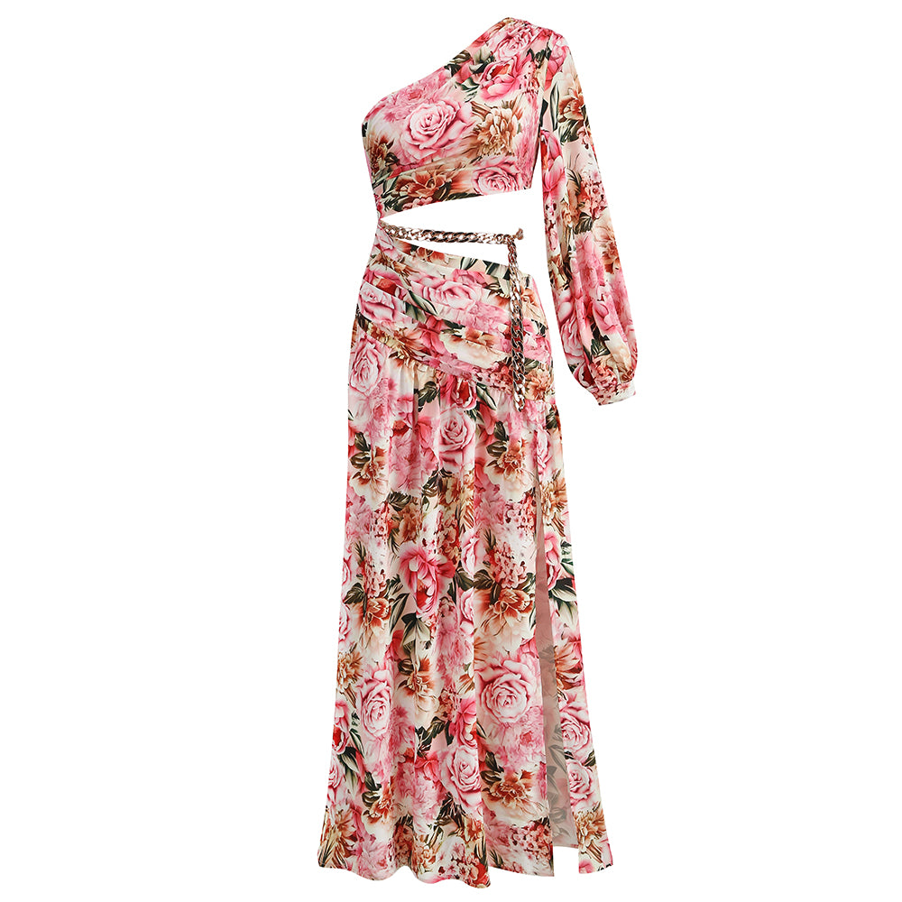 Spring and summer new oblique shoulder exposed waist sexy high fork printed dress