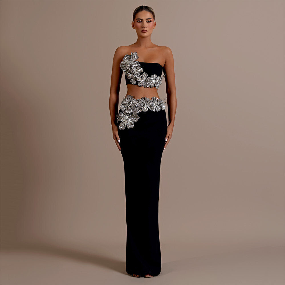 Diamond-embellished strapless top and high-waisted skirt, a two-piece party dress