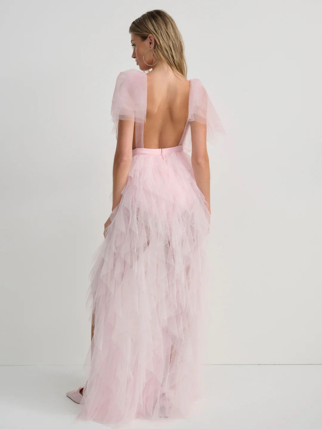 Pink V-neck lace stitching mesh dress Ruffled short sleeves high slit long dress