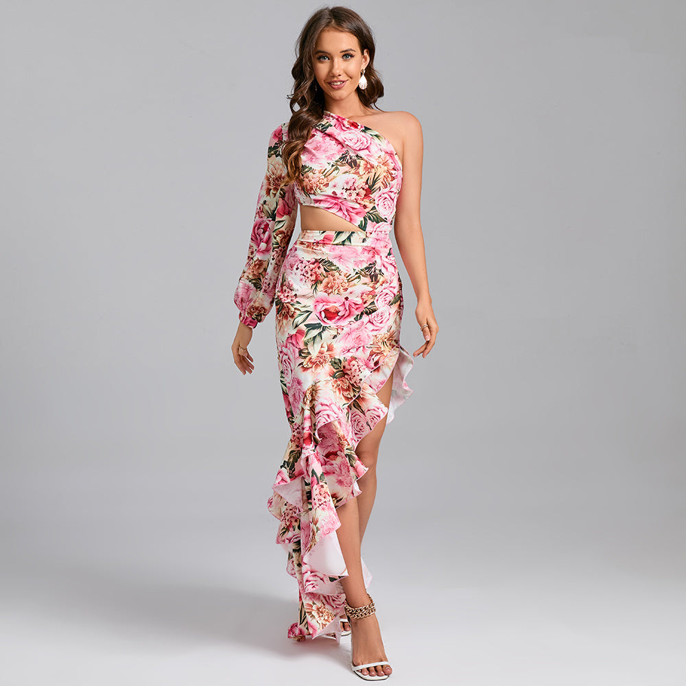 Irregular ruffle floral off-shoulder dress