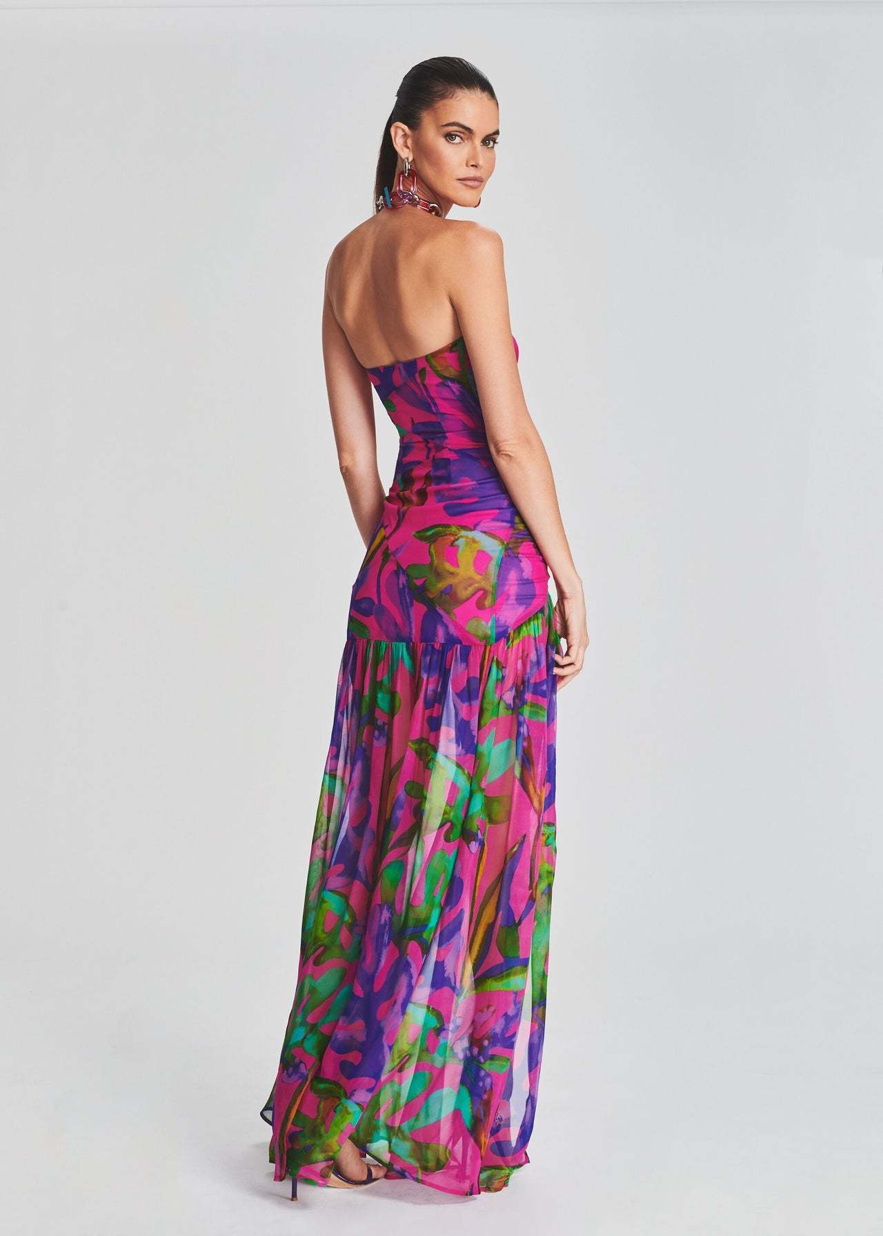 Printed sexy fitted waist strapless party party vacation dress