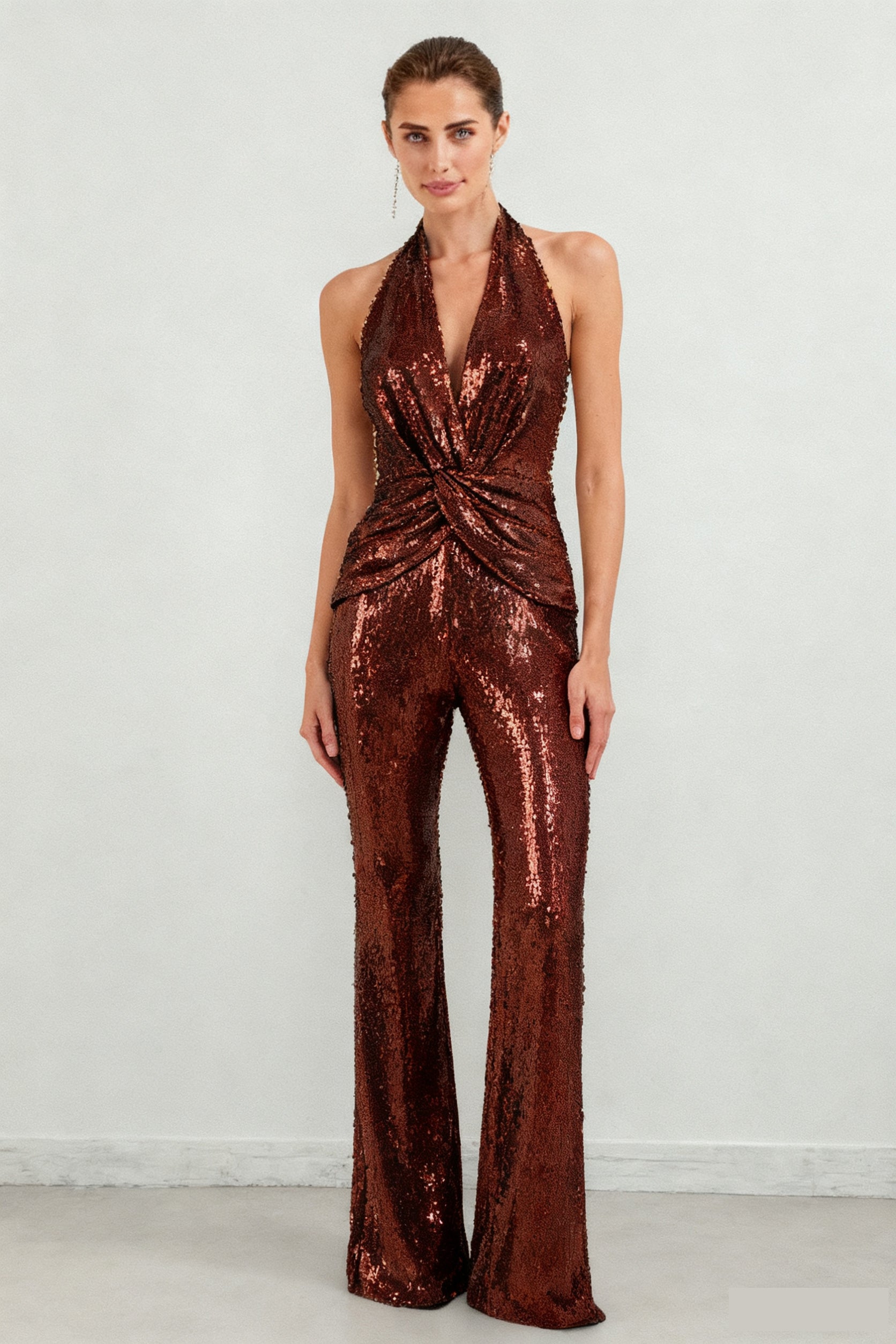Sequined halterneck sexy deep V high waist flared jumpsuit party outfit