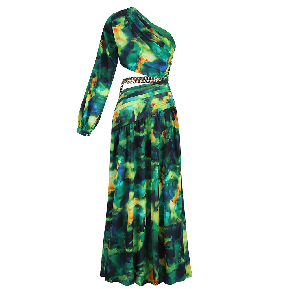 Spring and summer new oblique shoulder exposed waist sexy high fork printed dress