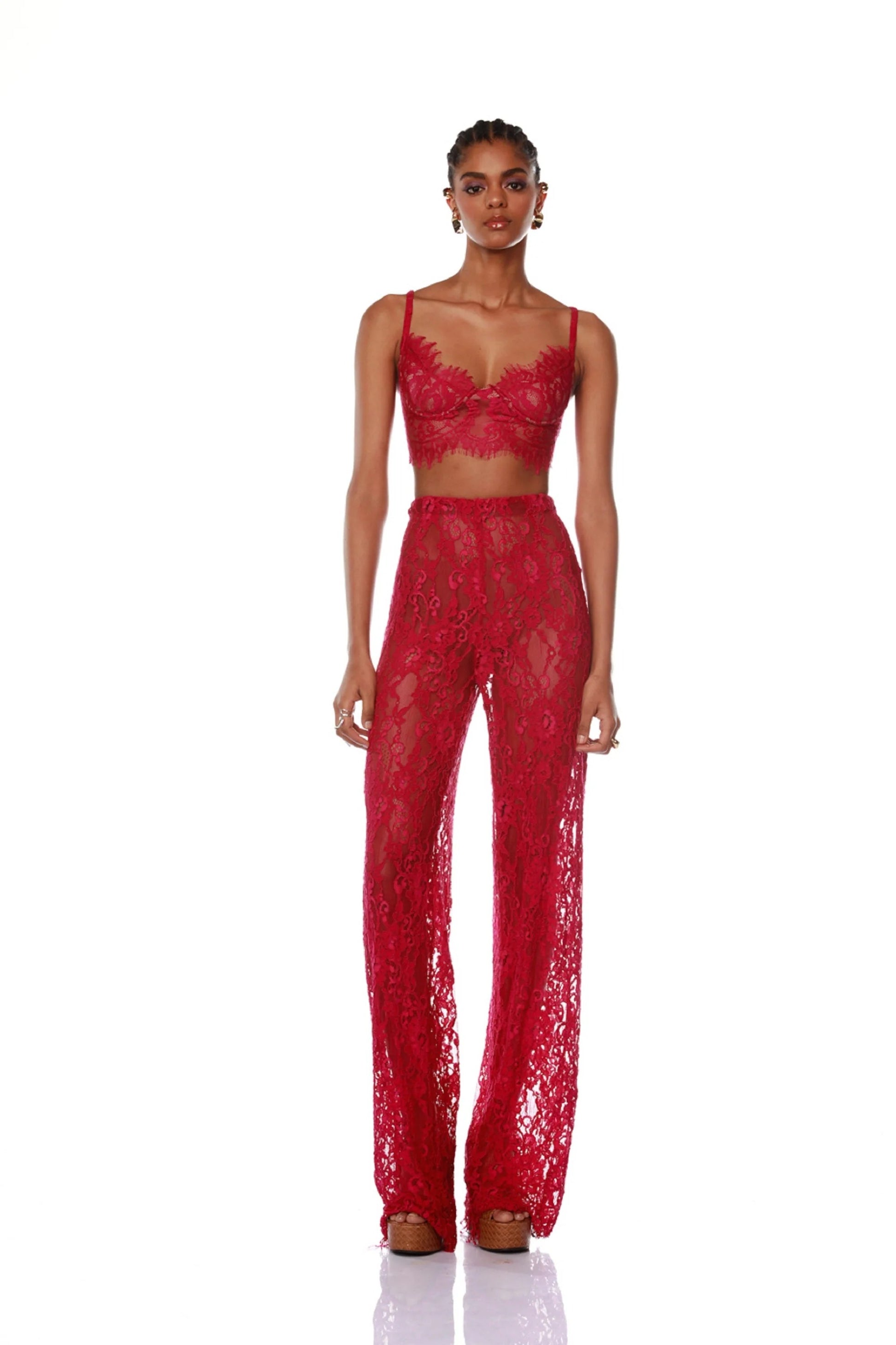One-button suit, bra, flared trousers, three-piece suit, mesh lace dress