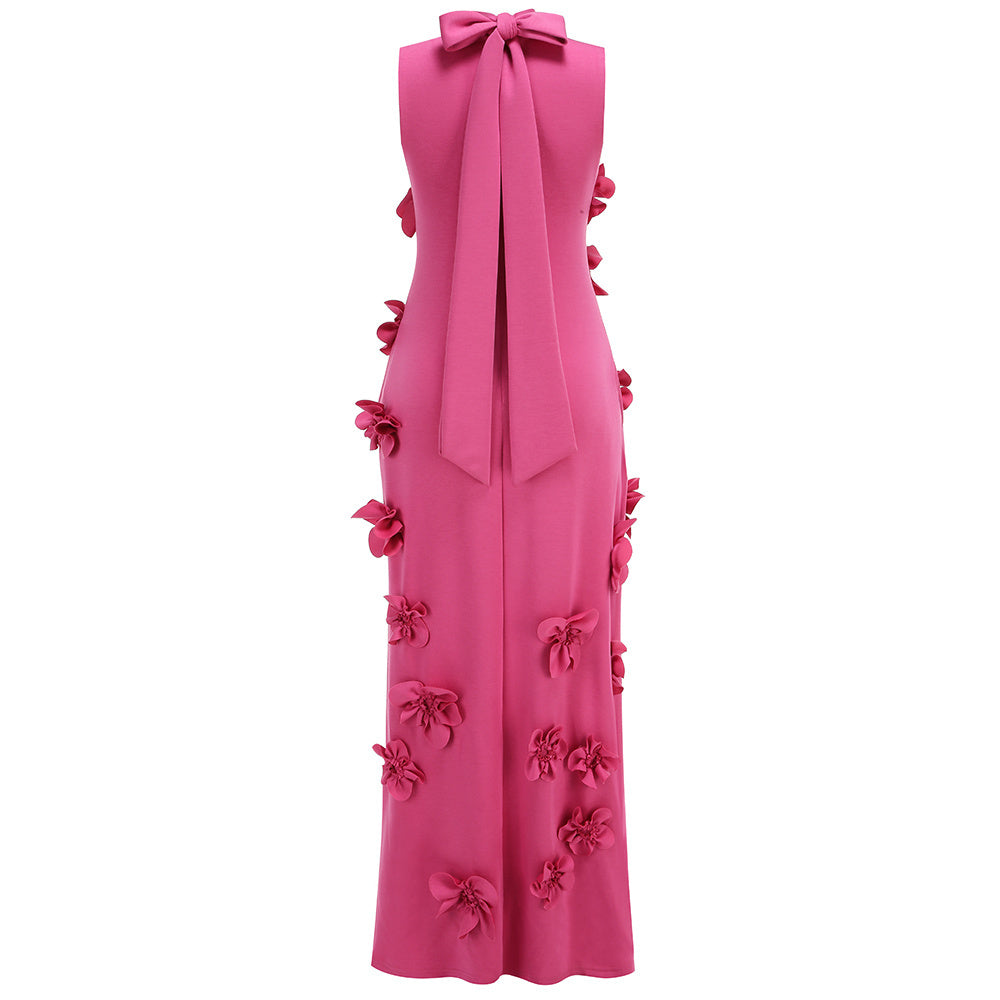 High-neck sleeveless 3D floral ribbon evening dress