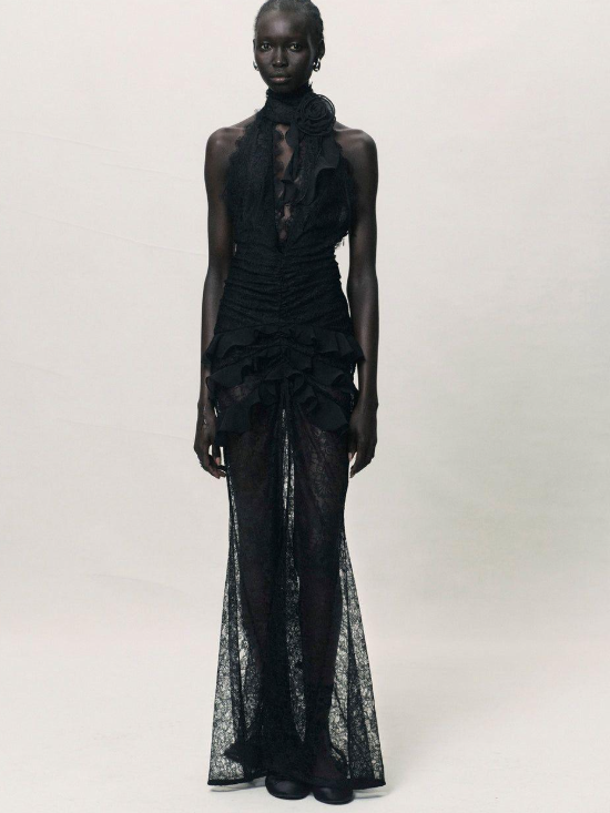 Sexy deep V halter neck lace slim fit evening dress