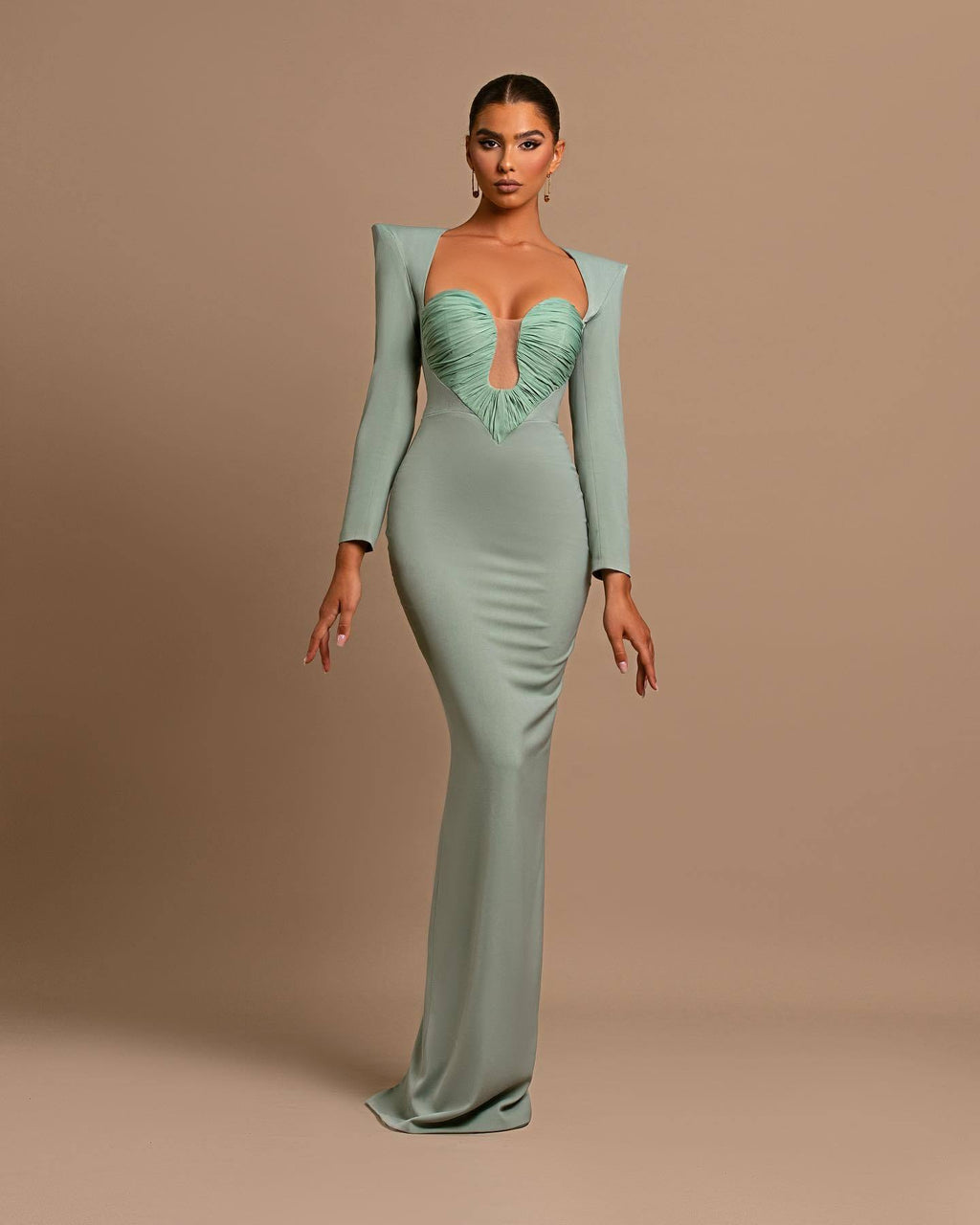 Elegant long-sleeved square-neck solid-color evening gown dress